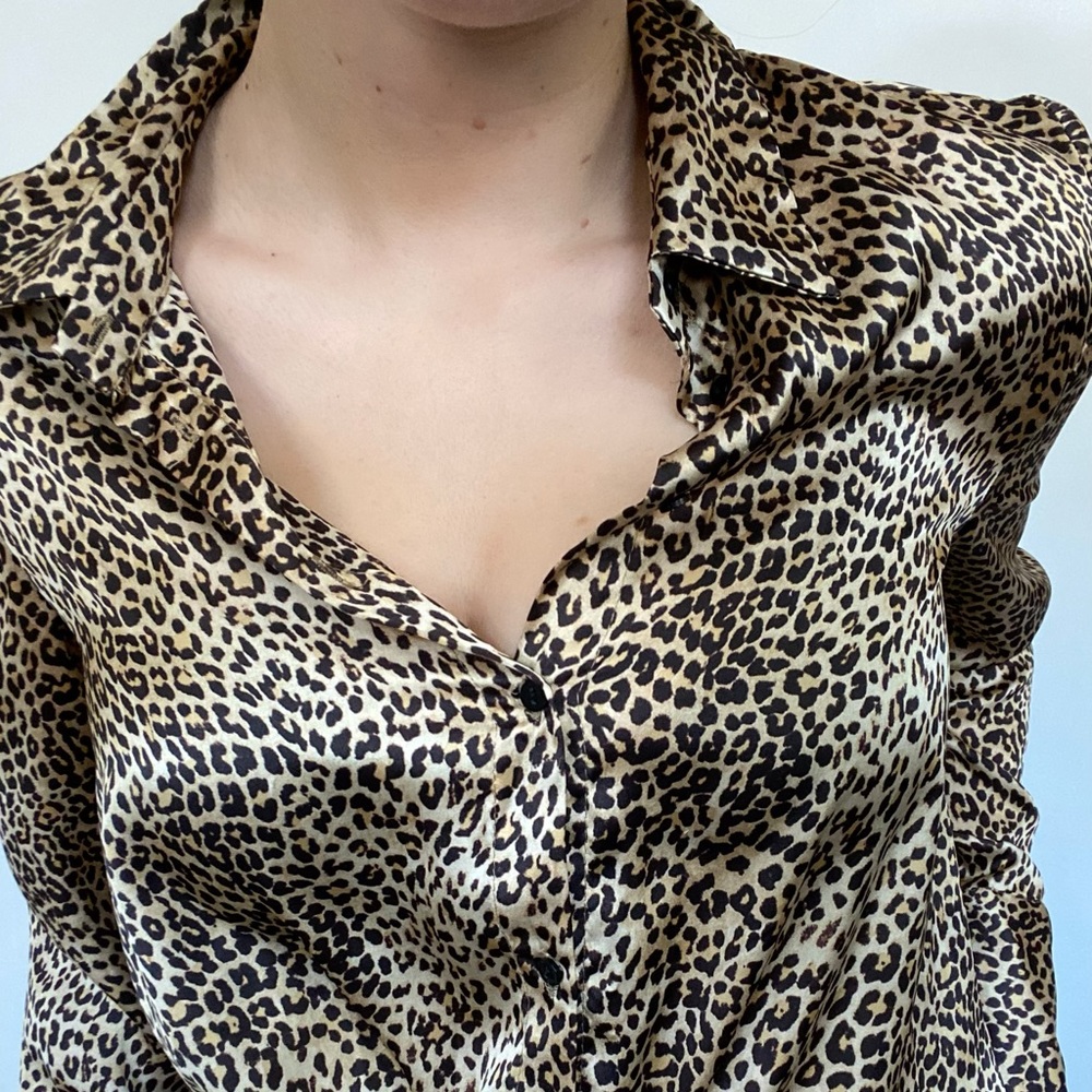Zara Leopard Print Silky Satin Button-down Blouse